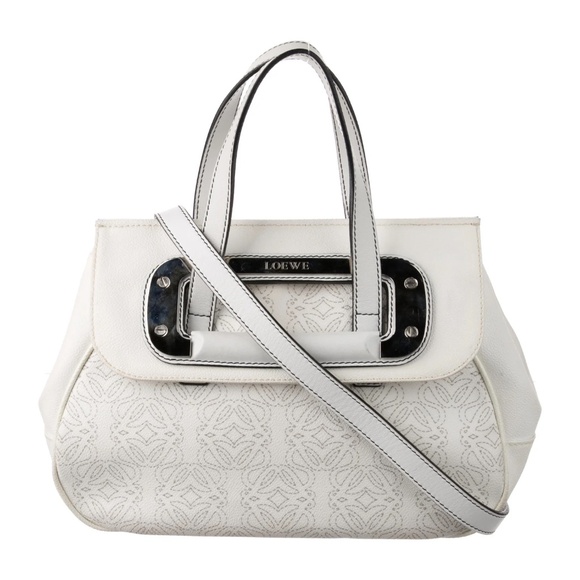 Loewe Vintage Leather Trim Anagram Shoulder Bag White Top Handle Women’s Purse - Picture 1 of 8